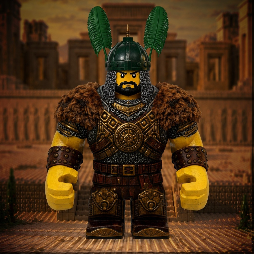 Heavy-armored LEGO warrior with fur mantle and green feathered helmet